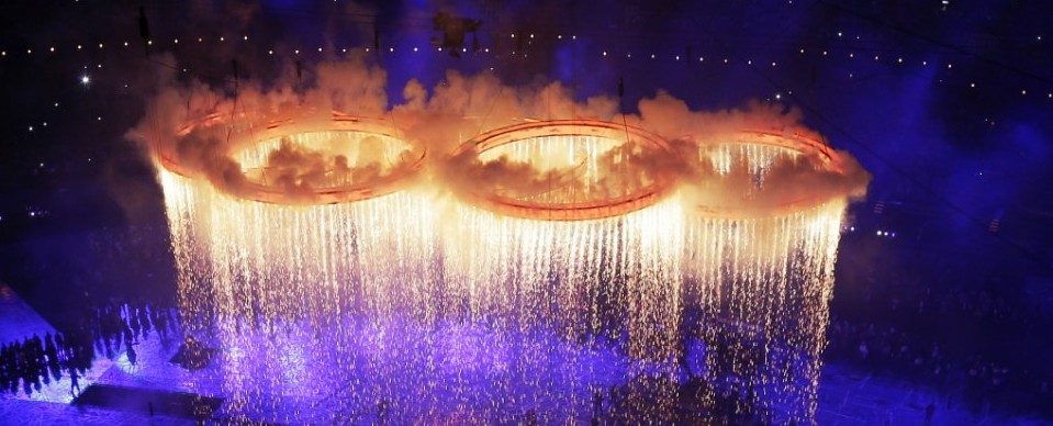 The spaceship-like flaming Olympic rings...